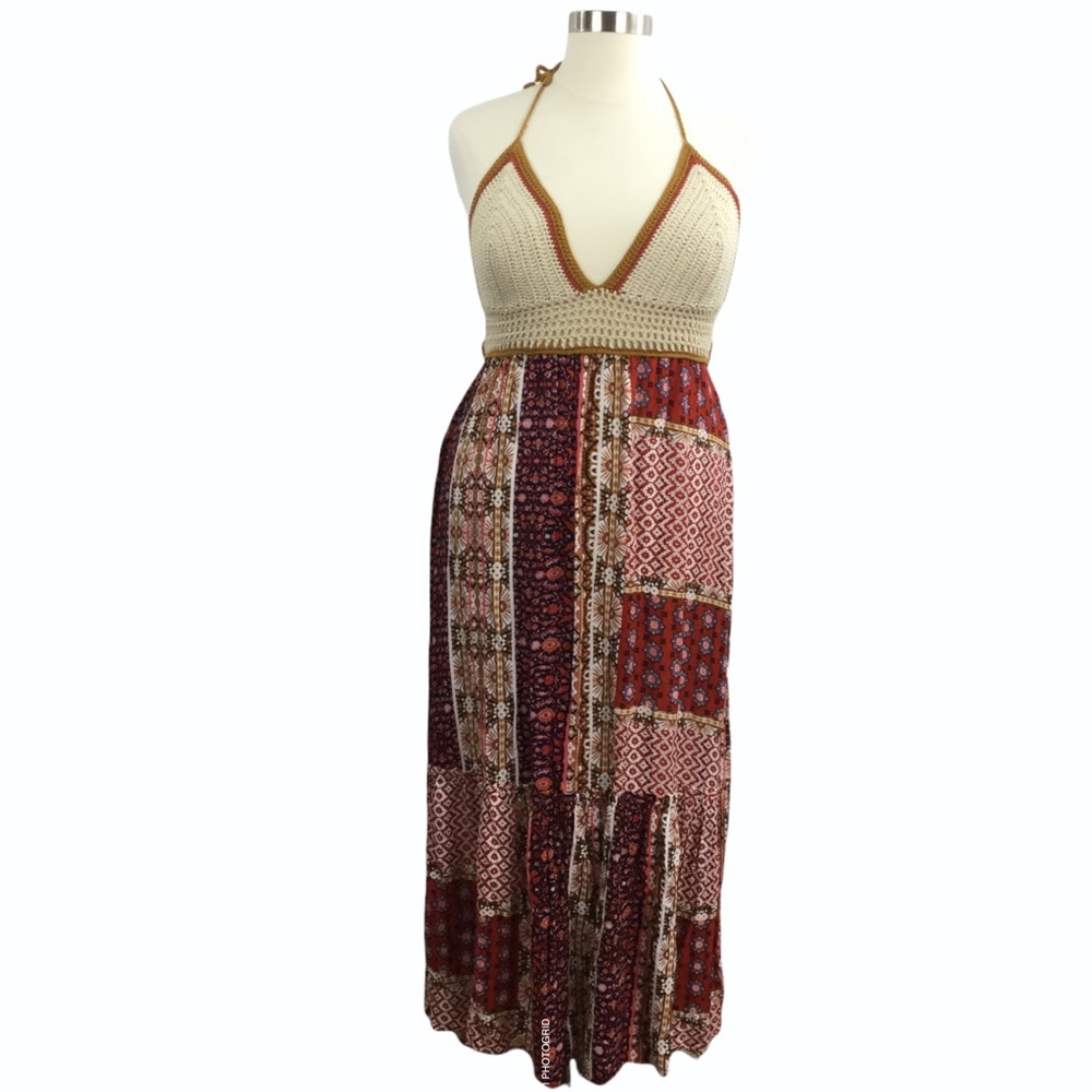 Boho Patchwork Crochet Halter Top Tie Maxi Dress - Picture 10 of 11